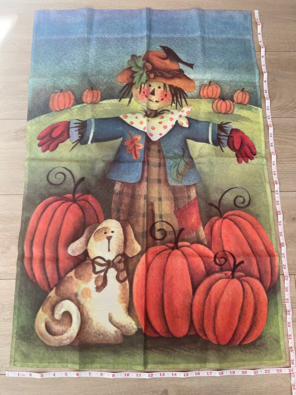 Vintage Outdoor Porch Flag Scarecrow Pumpkin Field Autumn Harvest w Dog JL